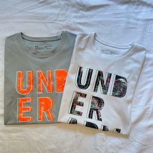 Bundle of 2 girls Under Armour  tee shirts, white and orange, short sleeve